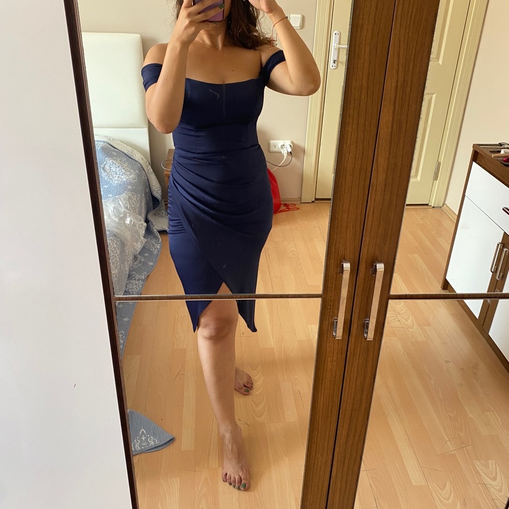 Navy Mid Length Evening Gown Cocktail Dress
